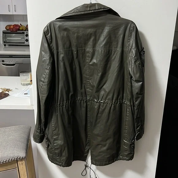 SAM. wax coated, green parka with fur trim, size small